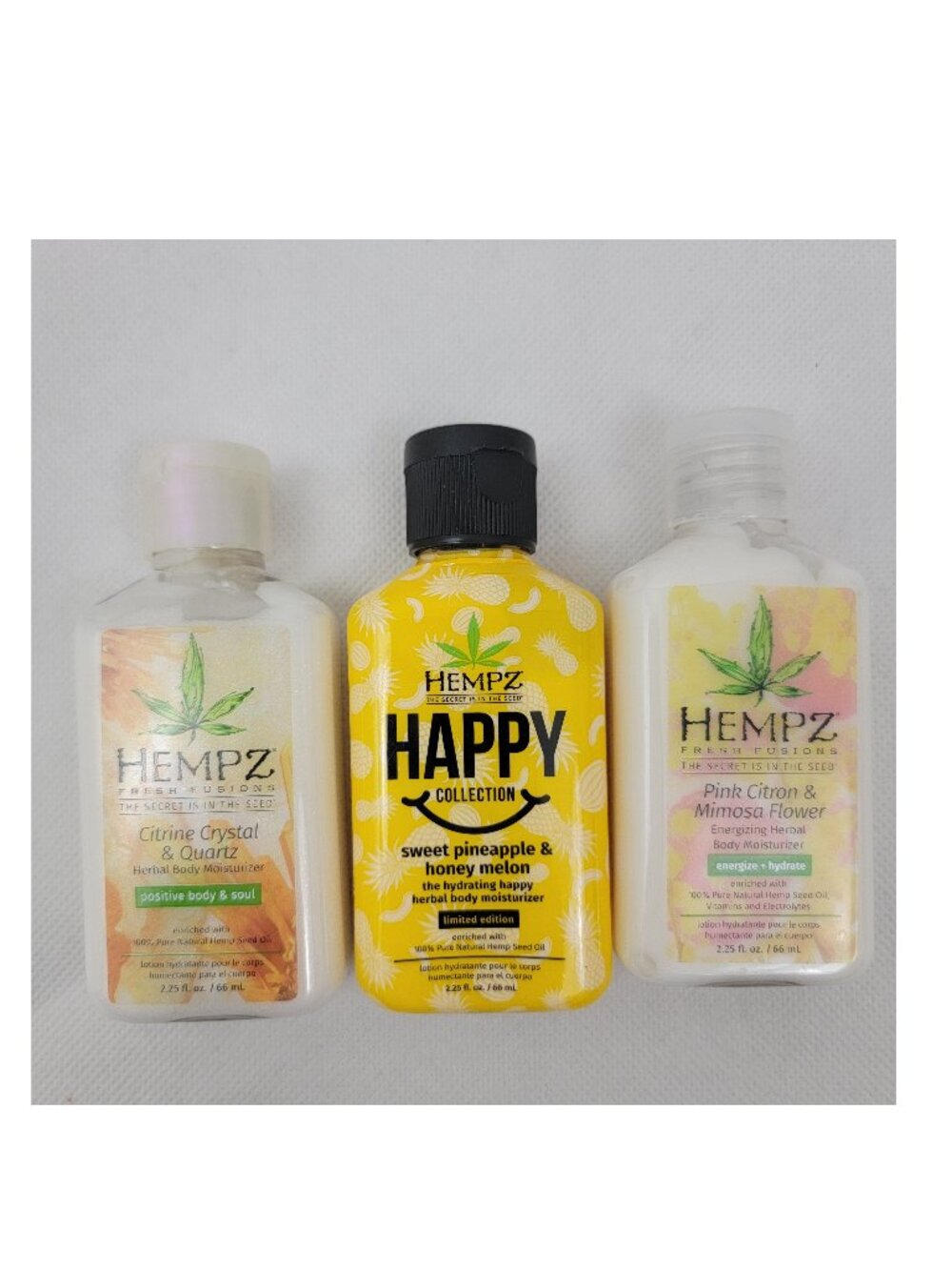 HEMPZ 3 piece set MINI 2.25 fl oz Happy Citrine Citron Herbal Body Moisturizer